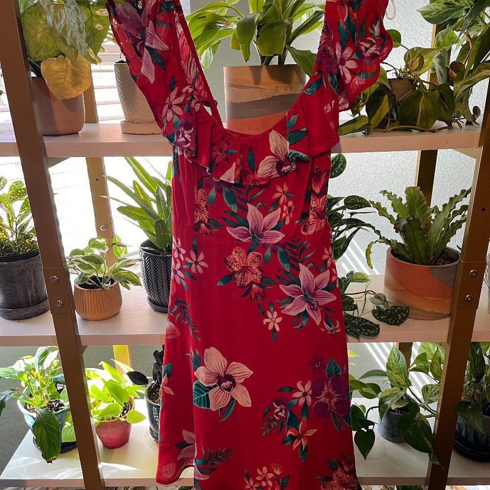 Red Tropical Fit and Flare Dress with Ruffle Neckline - Old Navy